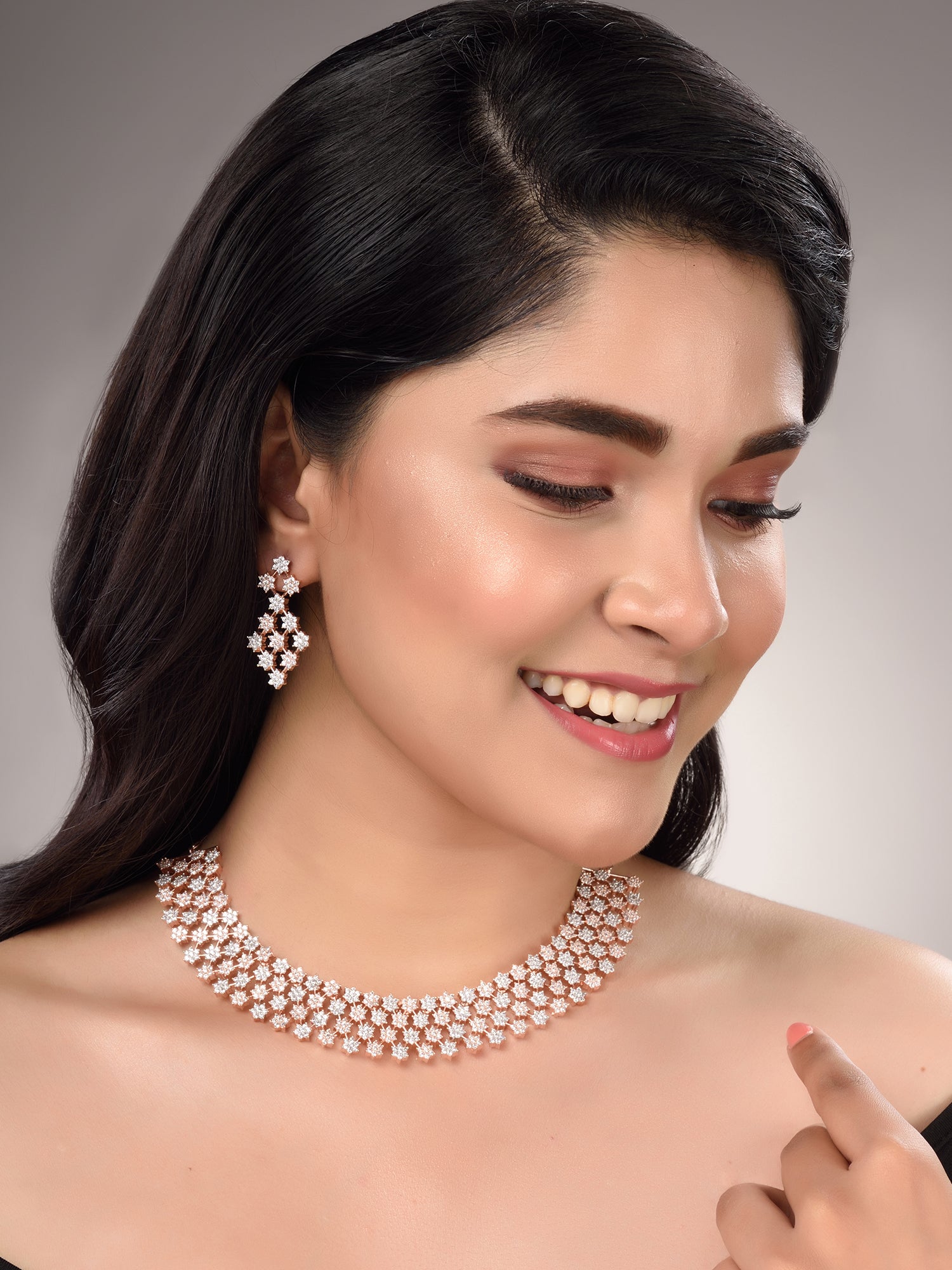 Rose Gold Plated White AD Studded Modern Necklace Jewellery Set Earrings